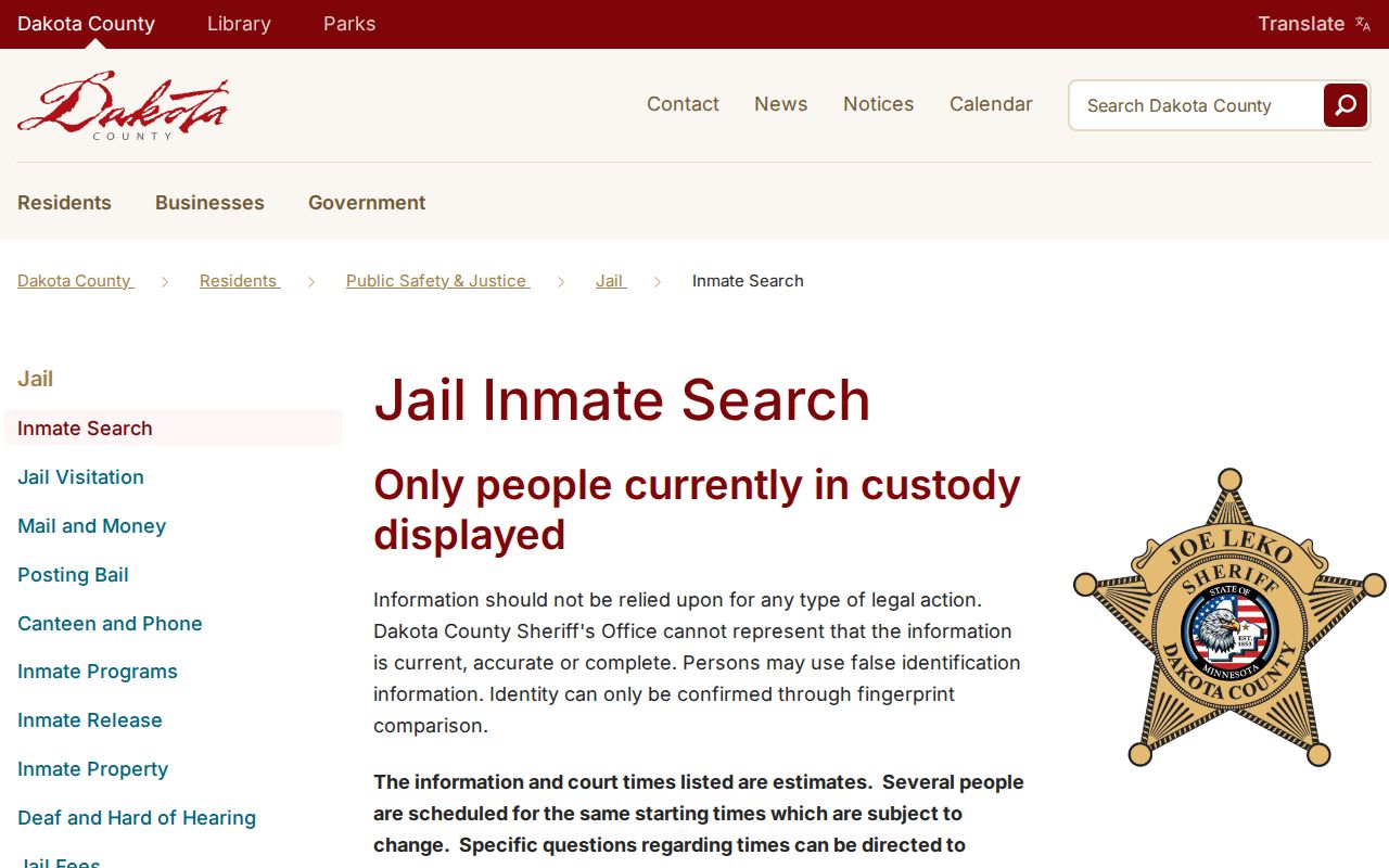 Dakota County current-custody roster search for booking records